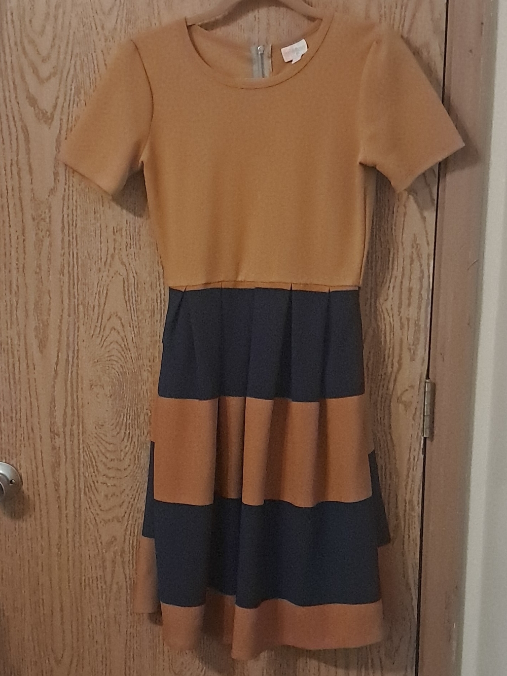 LuLaRoe Mustard and Navy Tiered Midi Dress Small